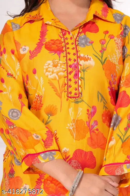 Floral printed regular beads and stones Pathani Kurta with Salwar, Kora Muslin fabric for Indian couples, three-quarter sleeves set on display