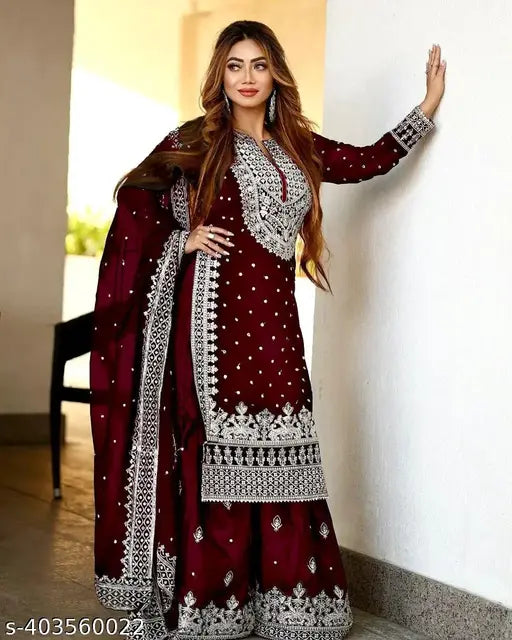 Heavy embroidery sequin work TopSharara & Dupatta Set in Georgette, ready-to-wear fashion. Fully stitched with long sleeves, featuring Indian craftsmanship and intricate details