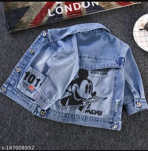 Blue denim jackets for kids in printed combo, featuring long sleeves; sizes: 18-24M, 1-2Y, 2-3Y, 4-5Y, 6-7Y (Indian origin)