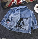 Blue denim jackets for kids in printed combo, featuring long sleeves; sizes: 18-24M, 1-2Y, 2-3Y, 4-5Y, 6-7Y (Indian origin)