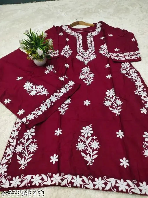 Embroidered Rayon Chikankari kurta with Palazzos, three-quarter sleeves, vibrant Indian design