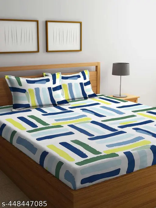 Glace Cotton geometric fitted double bedsheet set, superfine, lightweight, breathable & wrinkle free, ideal for summer