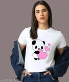 Printed polyester women's half-sleeve round neck t-shirt, vibrant design on display stand