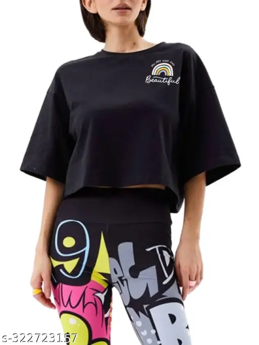 Black cotton blend crop top with beautiful print for women's half sleeve, loose fit style. Ideal for parties or casual outings in India