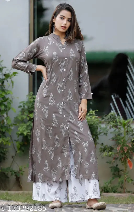 Rayon long kurta and plazo set, printed net rayon fabric, three-quarter sleeves, uptown women's fashion, India export