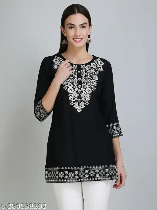 Rayon embroidered party top, trendy three-quarter sleeve design for women at festival events, India origin