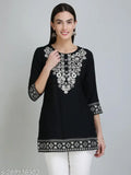 Rayon embroidered party top, trendy three-quarter sleeve design for women at festival events, India origin