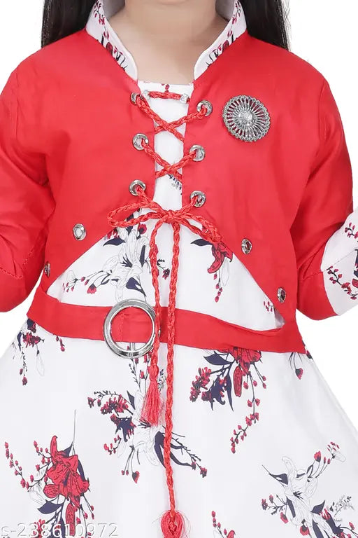 Red cotton rayon frock & dress set with leggings - printed pattern, 3/4 sleeve design, back zip opener, suitable for girls aged 4 to 10 years, India origin