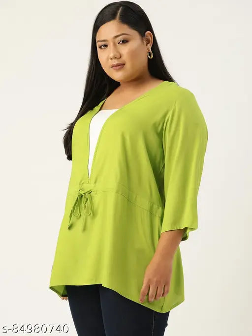 Green & white viscose rayon plus size top with tie-up detail, featuring v-neck and three-quarter sleeves, made by Rebelinme in India