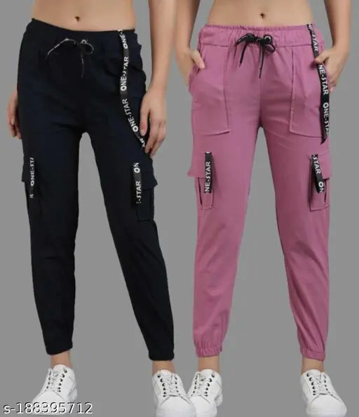 Lycra stretchable cargo joggers pants set, trendy solid color fitness pants in 2 pack (size 26/28/30/32)