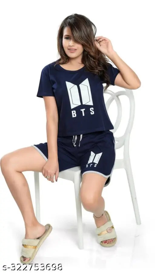 Cotton blend BTS Design Nightwear set, printed with short-sleeve t-shirt and shorts, India origin