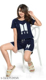 Cotton blend BTS Design Nightwear set, printed with short-sleeve t-shirt and shorts, India origin