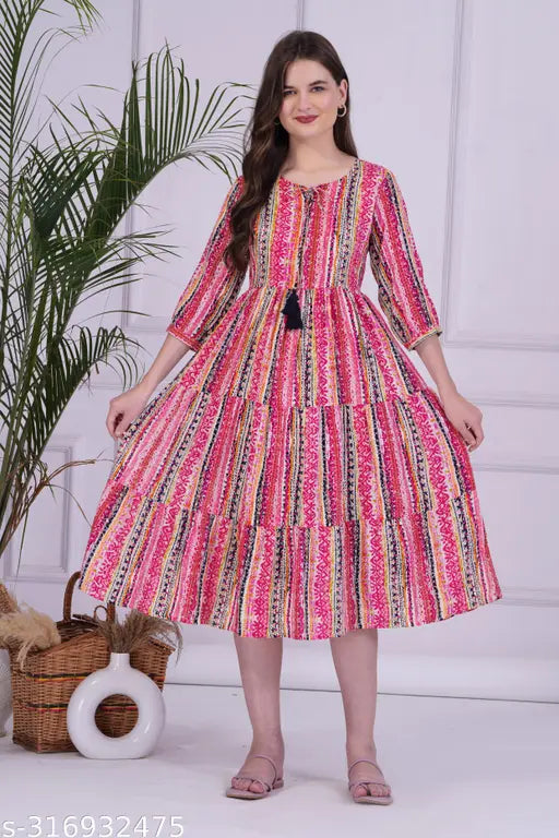 Multicolor Striped Rayon Kurti with Three-Quarter Sleeves, vibrant and versatile ethnic wear for women, Made in India
