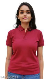 Fashionable maroon cotton collar t-shirt for women & girls: premium quality, solid pattern, vibrant summer wear