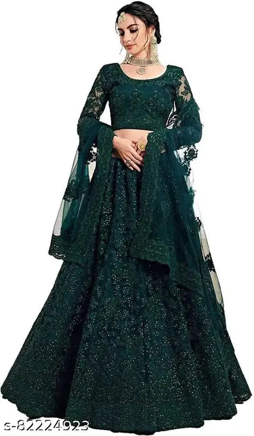 Embroidered net Lehenga Choli and dupatta, fancy Indian bridal wear with heavy embroidery and stonework on ultra satin inner lining