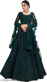 Embroidered net Lehenga Choli and dupatta, fancy Indian bridal wear with heavy embroidery and stonework on ultra satin inner lining