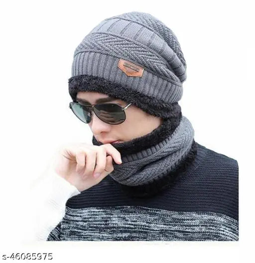 Woolen grey beanie cap with scarf (SnowProof inside fur), warm winter accessory for men & boys
