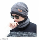 Woolen grey beanie cap with scarf (SnowProof inside fur), warm winter accessory for men & boys