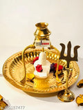 Brass Shivling with white Marble, brass trishul on stand - Handcrafted Indian Puja plate and Kalash for Lord Shiva worship - Size: 8x8x12 cm (Shivling Stand), 3x5x5 cm (White Shivling), 14x14x1 cm (Plate), 3x3x10 cm (Trishul)