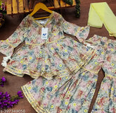 Limited Edition Kora Muslin Sharara Set for Girls, vibrant print, traditional ethnic wear, three-quarter sleeves, festive occasion