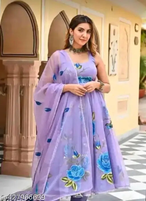 Printed Georgette Anarkali gown with dupatta, vibrant floral embroidery details, size L