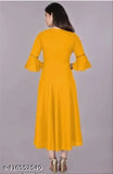 Yellow rayon Anarkali kurti with bell sleeves, single color women's fashion on wooden stand