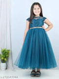 Teal blue embroidered net kid's party dress, short sleeves, 1-2 years size