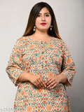 Plus size women's printed pure cotton straight kurti, three-quarter sleeves, Indian-inspired design available in sizes XXL to 9XL