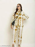 White color golden chain print co-ord set for women top and bottom, crepe fabric with shrug, long sleeves