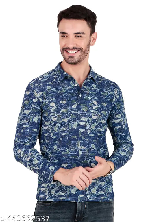 Trendy printed pattern men's cotton blend polo shirt, long sleeves, M-XXXL sizes, origin India