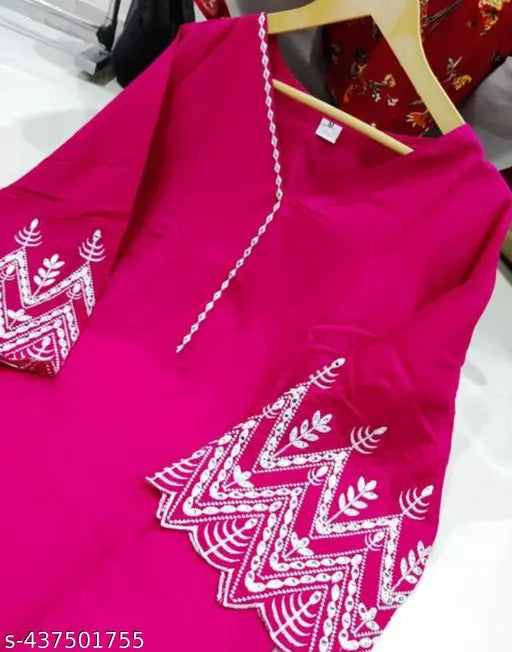 Graceful premium rayon embroidered top & pant coord set, solid color, long sleeves - Indian women's fashion