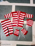 Woolen striped suits for newborns, warm winter wear for boys & girls (0-3 months), embroidered with soft-backing, India