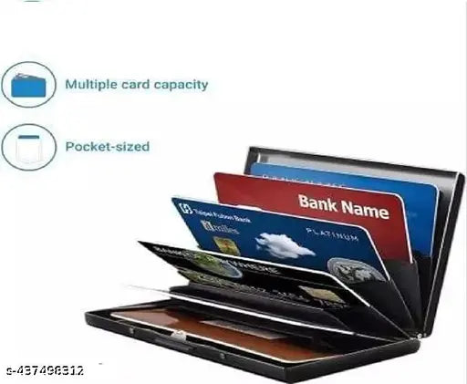 Black steel aluminum men's card holder (6 slots). Stainless steel, sleek, portable card organizer for daily use or travel. Ultra-slim design fits 7 cards or 6 cards + 3 folded bills, half a CM thick. Indian origin