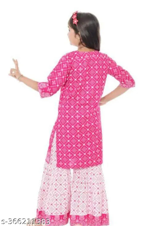 Rayon kids set with printed kurta and bottomwear, three-quarter sleeves, India-made for 5-6, 7-8, or 9-10 years