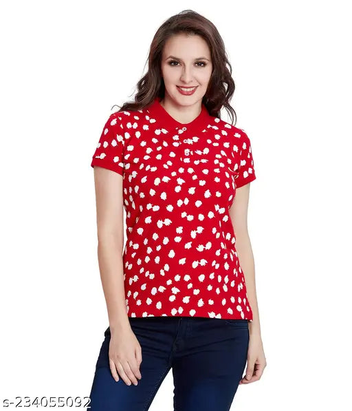 Viscose polo t-shirt for women, printed pattern, short sleeves, regular fitted style, India origin