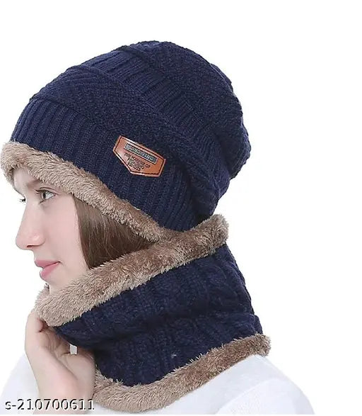 Woolen Combo Pack: 2 Worm Topa Sets (Cap+Neck MUFF), stylish wool fur neck muff and cap, protects from winter, free size for Women & Men, India origin