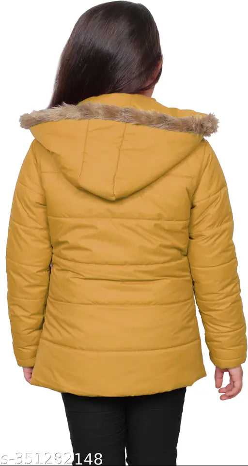 Girls' mustard nylon jacket, solid pattern, long sleeves, Alfiya Collection, kids' fashion trends