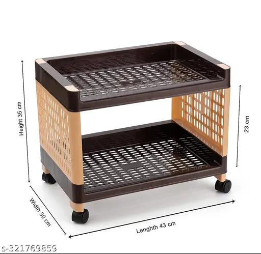 Brown plastic kitchen rack, 2 section multi-purpose organizer for home, office use - ideal for living room, bedroom, study. Rolling shelf unit on wheels