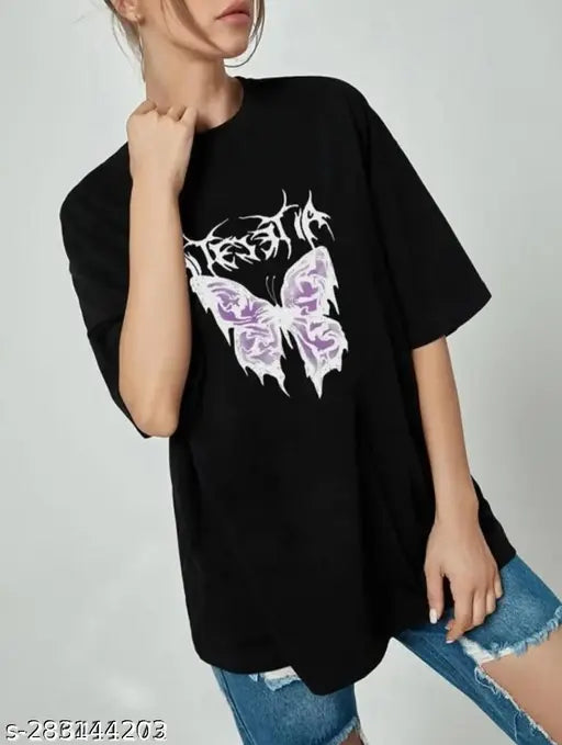 Oversize cotton blend graphic printed butterfly t-shirt for women, trendy casual style