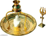 Marble Shivling Shiva Ling, brass plate & stand, gold-toned god idol (10 cm x 10 cm x 10 cm), symbolizing Lord Shiva's presence for domestic wellbeing and auspicious blessings