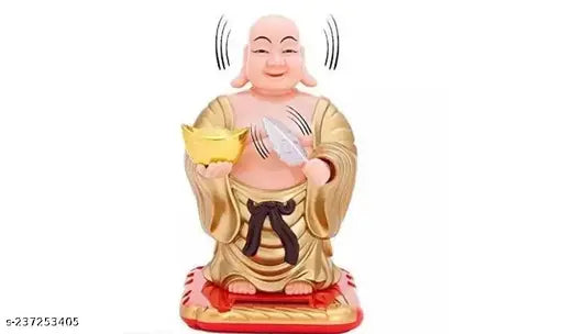 Gold Laughing Buddha Idol, waving fan and moving head, plastic, medium size, for health, wealth, prosperity
