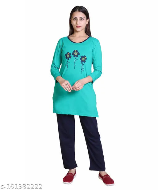 Long sleeve printed cotton night suit for ladies, offering comfort and natural feel