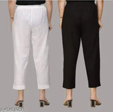 Black & white cotton women's trouser combo set, solid pattern with pockets. Two pieces per set, sizes S-XXXL. Indian origin