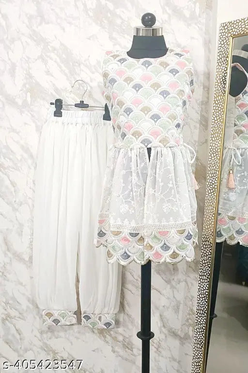 White Georgette Afghani Salwar and Kurti with dupatta, A-line and patiala style for children's fashion