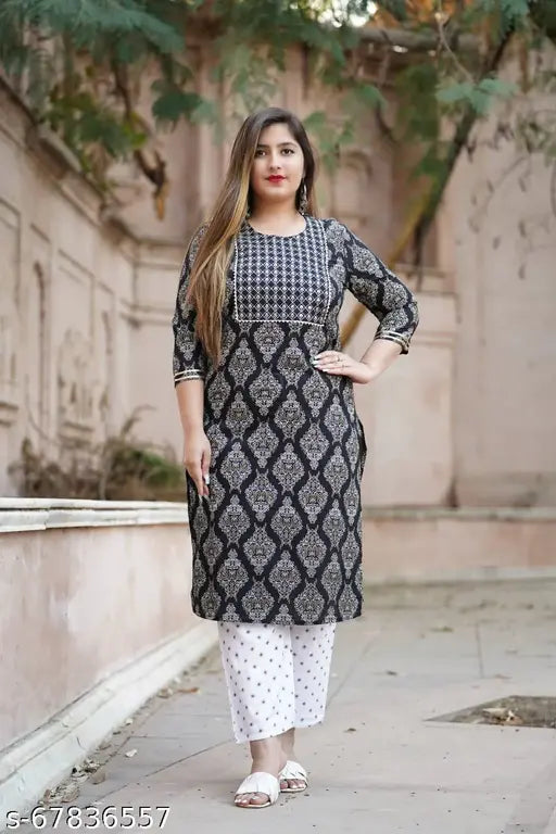 Rayon embroidery straight kurta with printed net palazzo pants, women's three-quarter sleeve fashion in various sizes from India