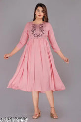 Embroidered rayon three-quarter sleeve pink kurti from India, GS PINK MATKA for sizes S to 5XL