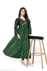 Green jacquard embroidered gown with long sleeves and pleated skirt, ideal for special occasions, country of origin: India