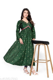Green jacquard embroidered gown with long sleeves and pleated skirt, ideal for special occasions, country of origin: India