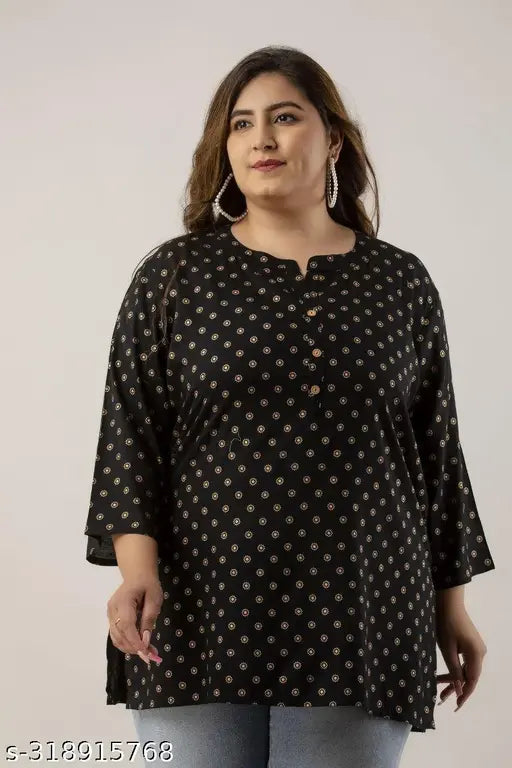 Black-and-gold polka dot rayon plus size kurti top/tunic, comfortable, flattering, machine-washable