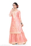 Embroidered Pakistani georgette lehenga set with kurta, dupatta, and palazzo pants. Cotton silk fabric, three-quarter sleeves. Perfect for festive celebrations. Indian-made, size S-XXXL
